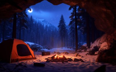 Sounds of Fire, Wind, and Snow from a Cave Overlooking a Snowy Forest with a Full Moon